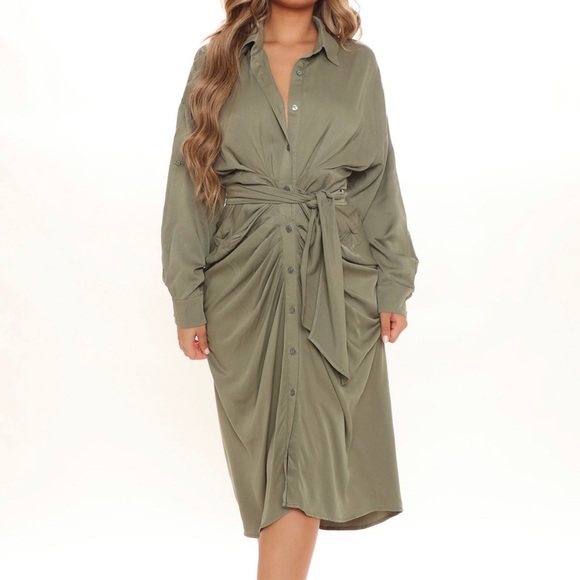 Olive Green Midi Shirt Dress - Picture 2 of 4